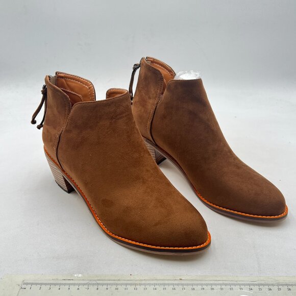 Brown Mid Heels Ankle Bootie Almond Toe Block Low Heel Pumps Classic V Cut Shoes - Picture 4 of 8